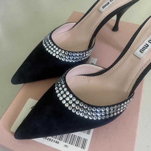 Miu Miu Crystal-Embellished Suede Heeled Mules Black 39 US 9 - Picture 4 of 11